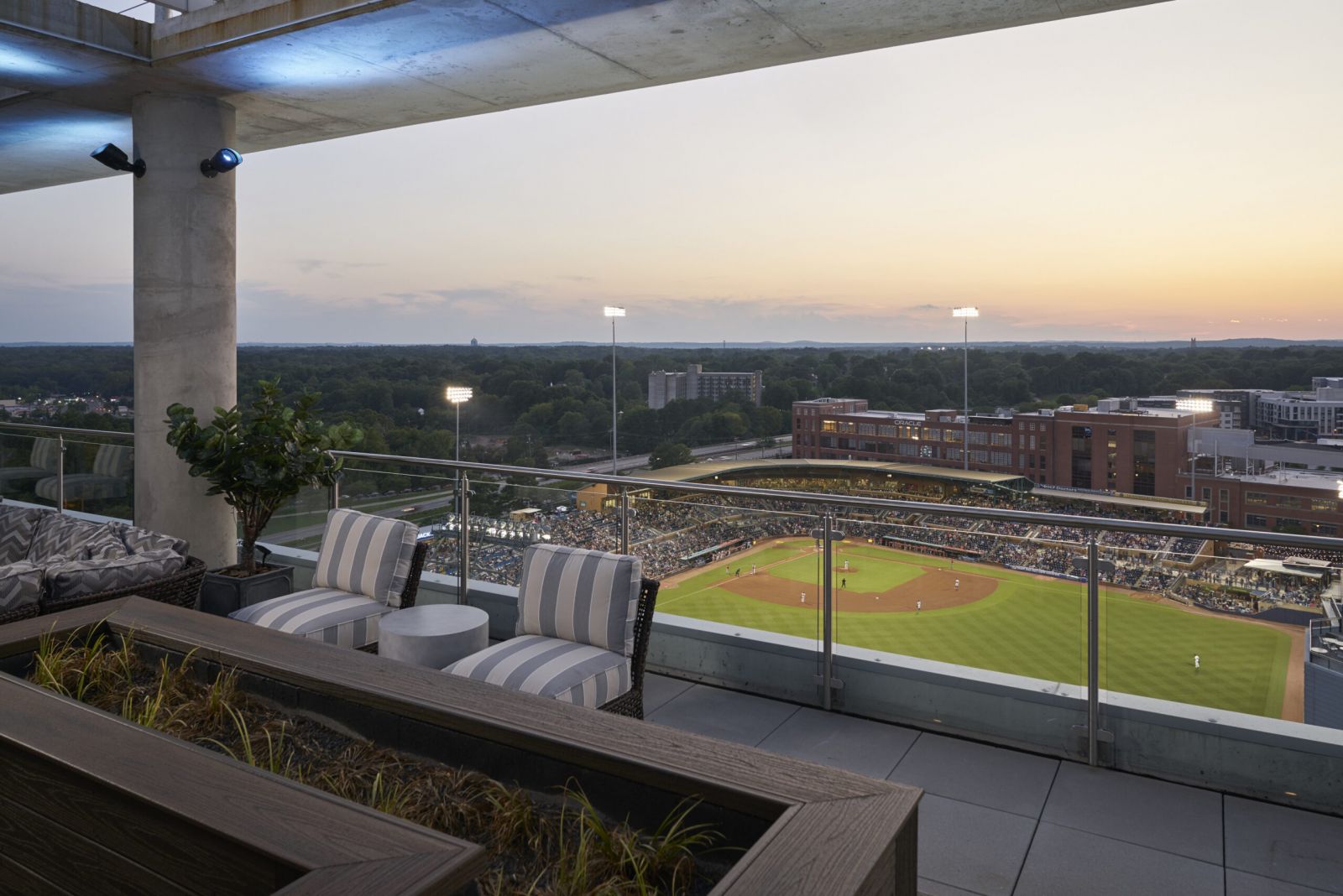 Van Alen apartments building rooftop viewing deck of nearby baseball field