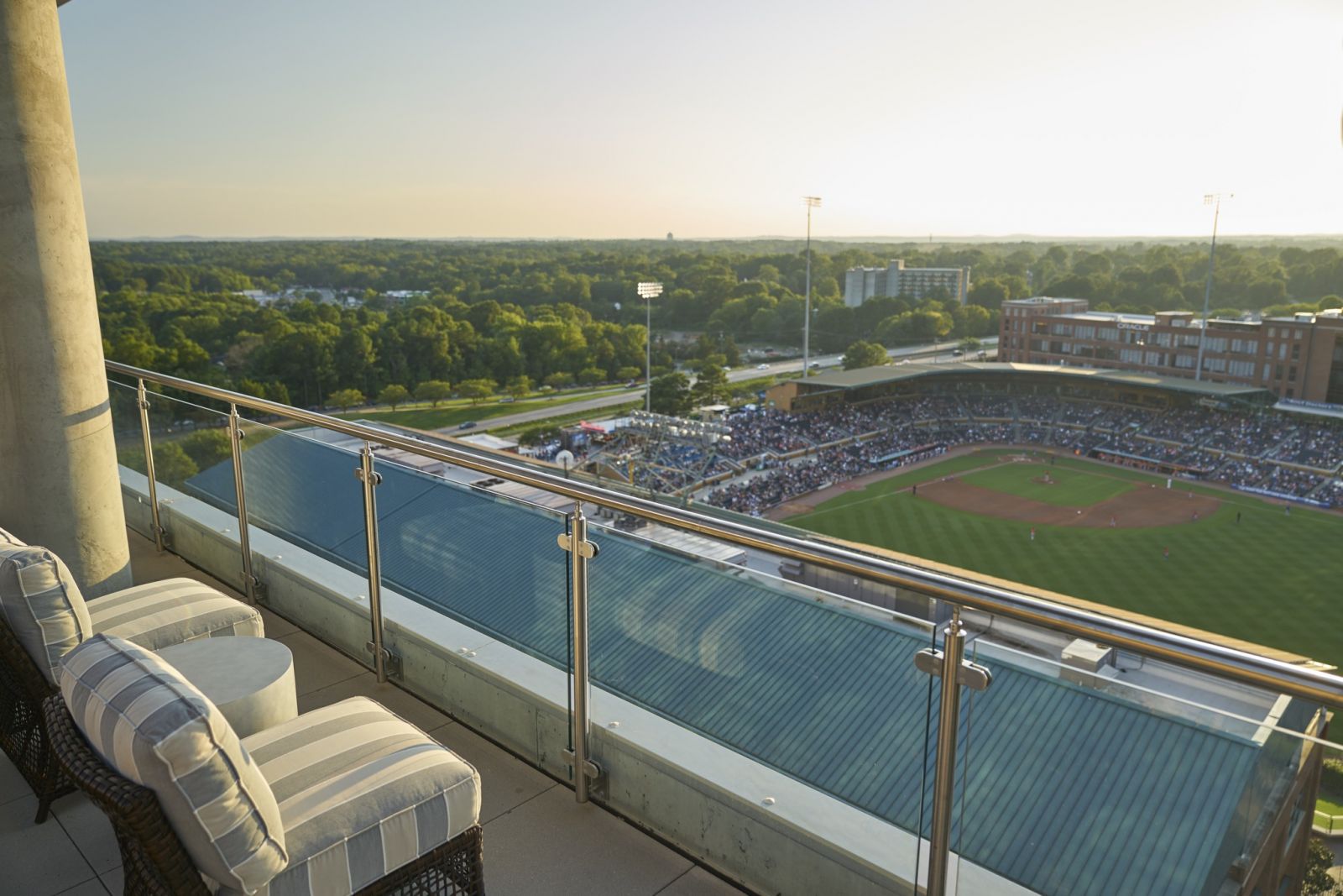 Van Alen apartments building rooftop viewing deck of nearby baseball field