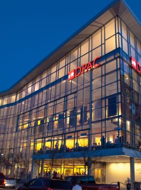 DPAC Performing arts center exterior at night, Durham NC