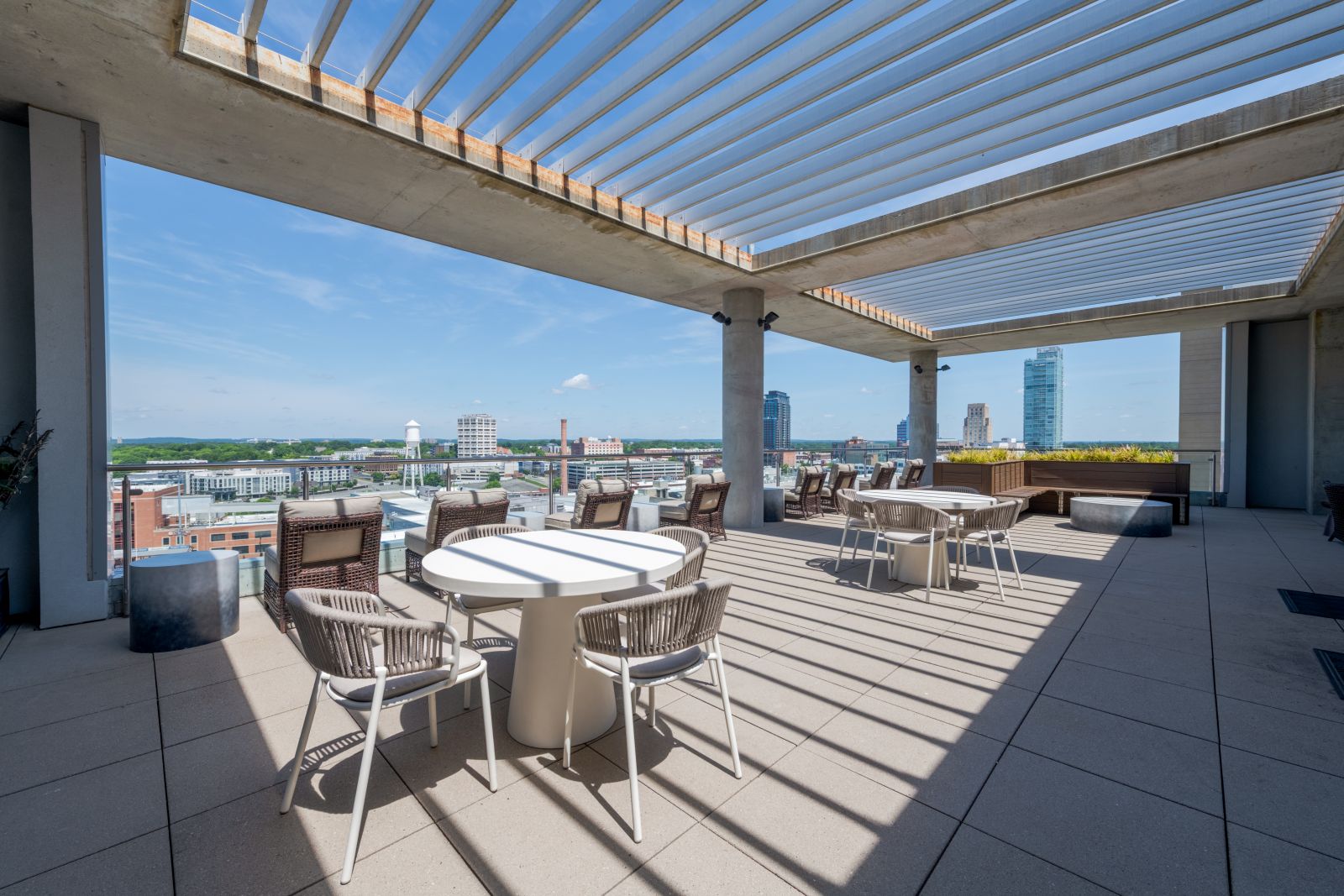 Van Alen apartments building rooftop viewing deck with plenty of lounge seating and 360 views