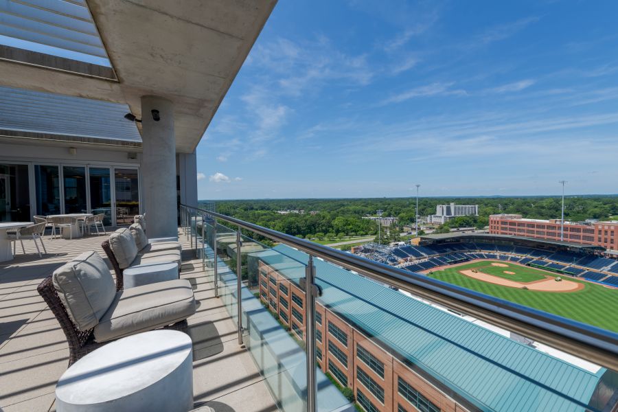 Van Alen apartments building rooftop viewing deck of nearby baseball field