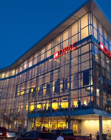 DPAC Performing arts center exterior at night, Durham NC