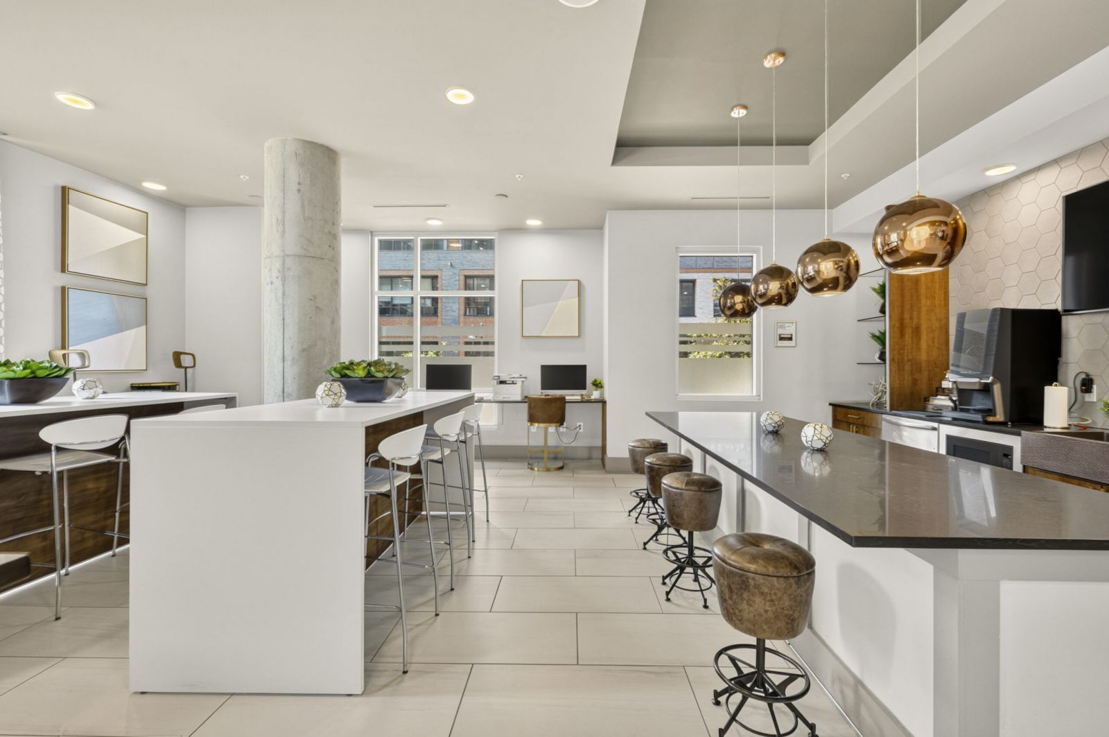 Van Alen apartments resident community lounge with modern kitchen and wet bar