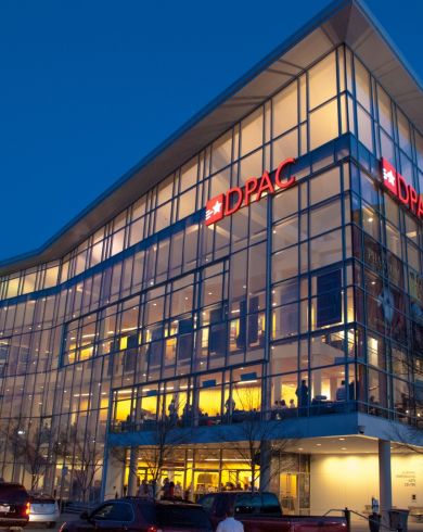 DPAC Performing arts center exterior at night, Durham NC